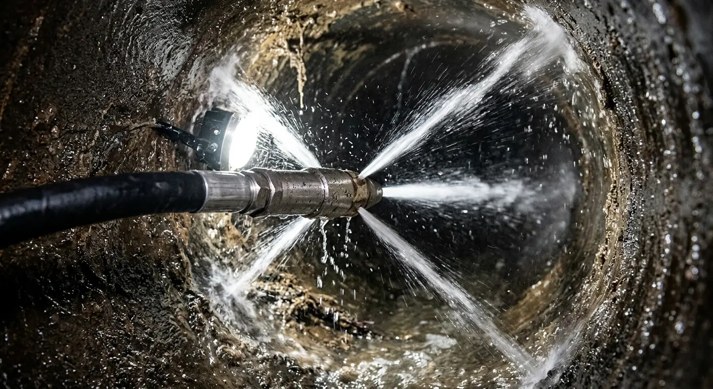 High-pressure hydro jetting nozzle cleaning sewer pipe for Sewer Cleanout in Stockbridge
