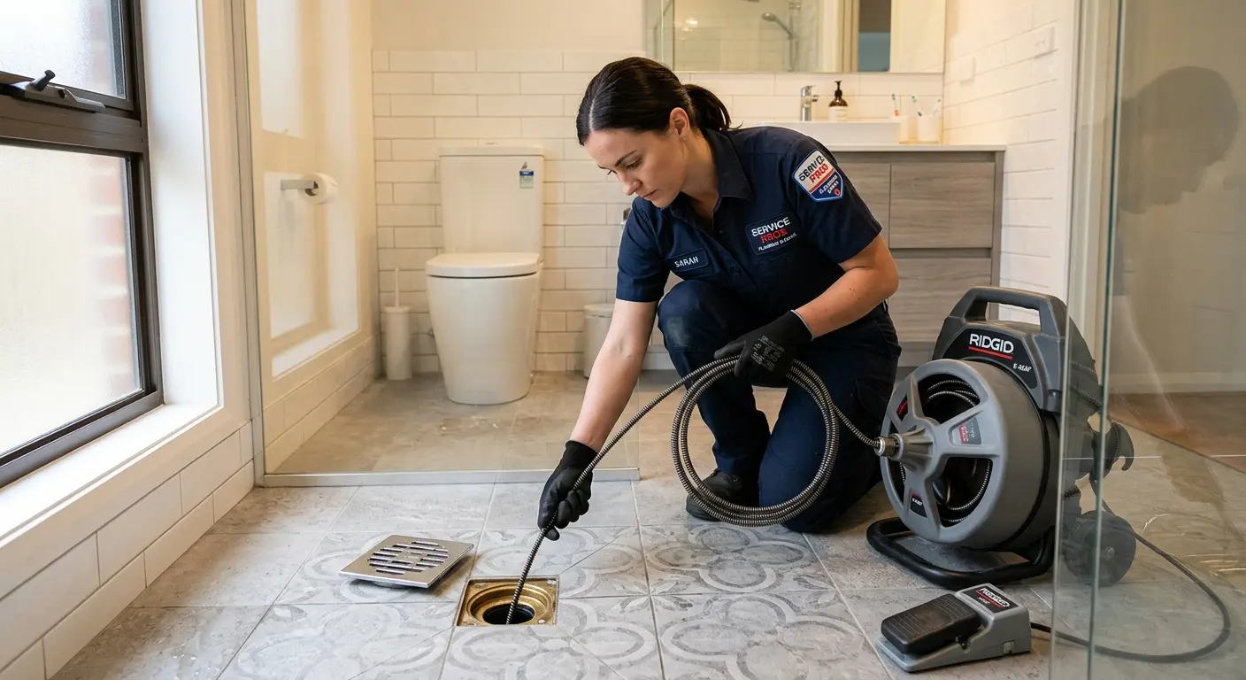 Technician clearing a bathroom floor drain for Clogged Drain Repair in Stockbridge